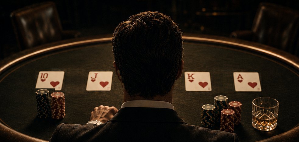 Un croupier de dos, en costume sombre, face à une table de poker éclairée par une lampe : une quinte flush royale à cœur, des jetons et un verre de whisky.